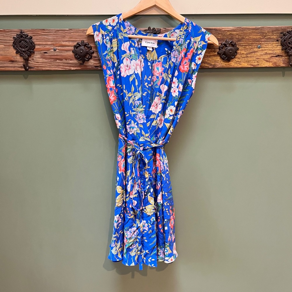 Yumi Kim Blue Floral 100% Silk Wrap Mini Dress Sleeveless Size S